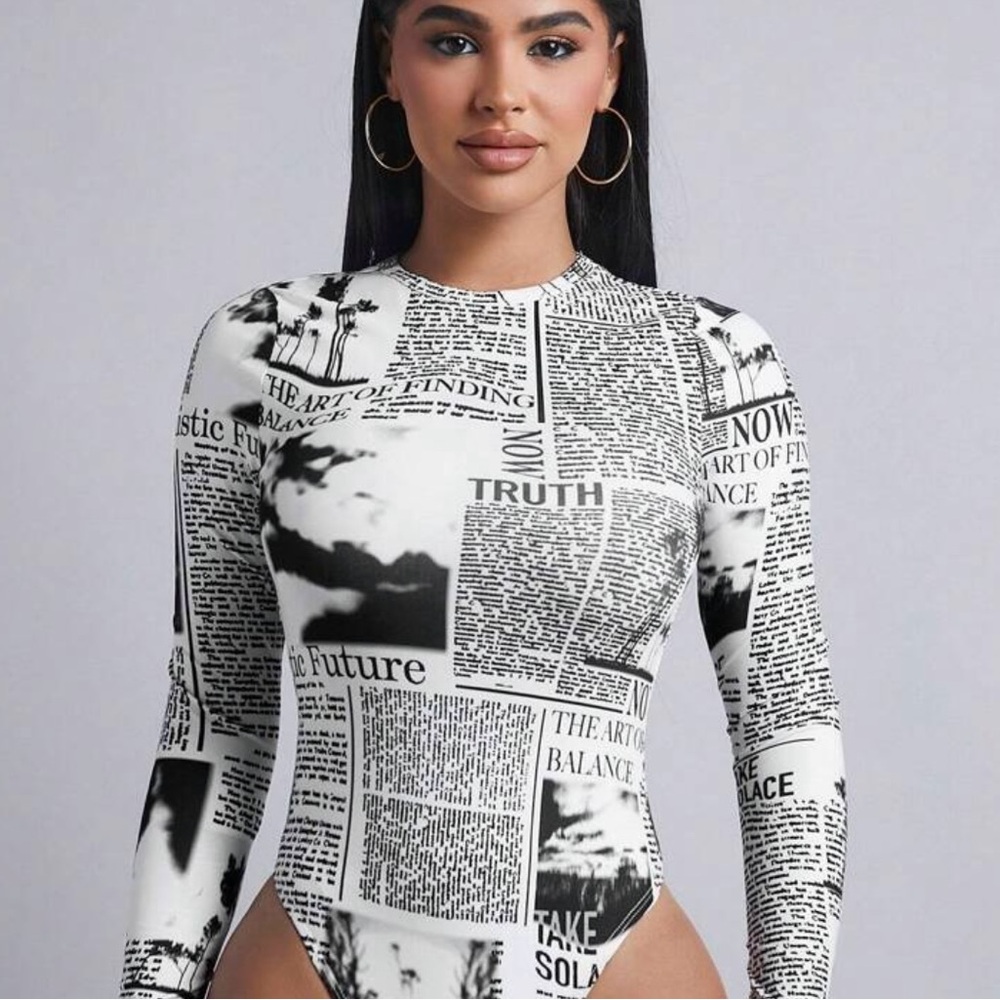 Newspaper Print Long Sleeve Bodysuit
